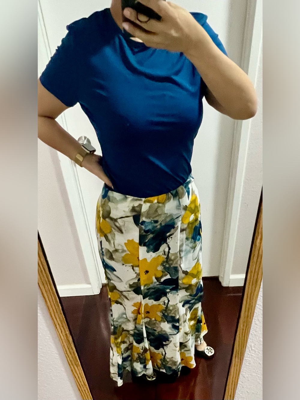 Sale(3 for $50)-Floral Print Midi Skirt in Mustard & Teal